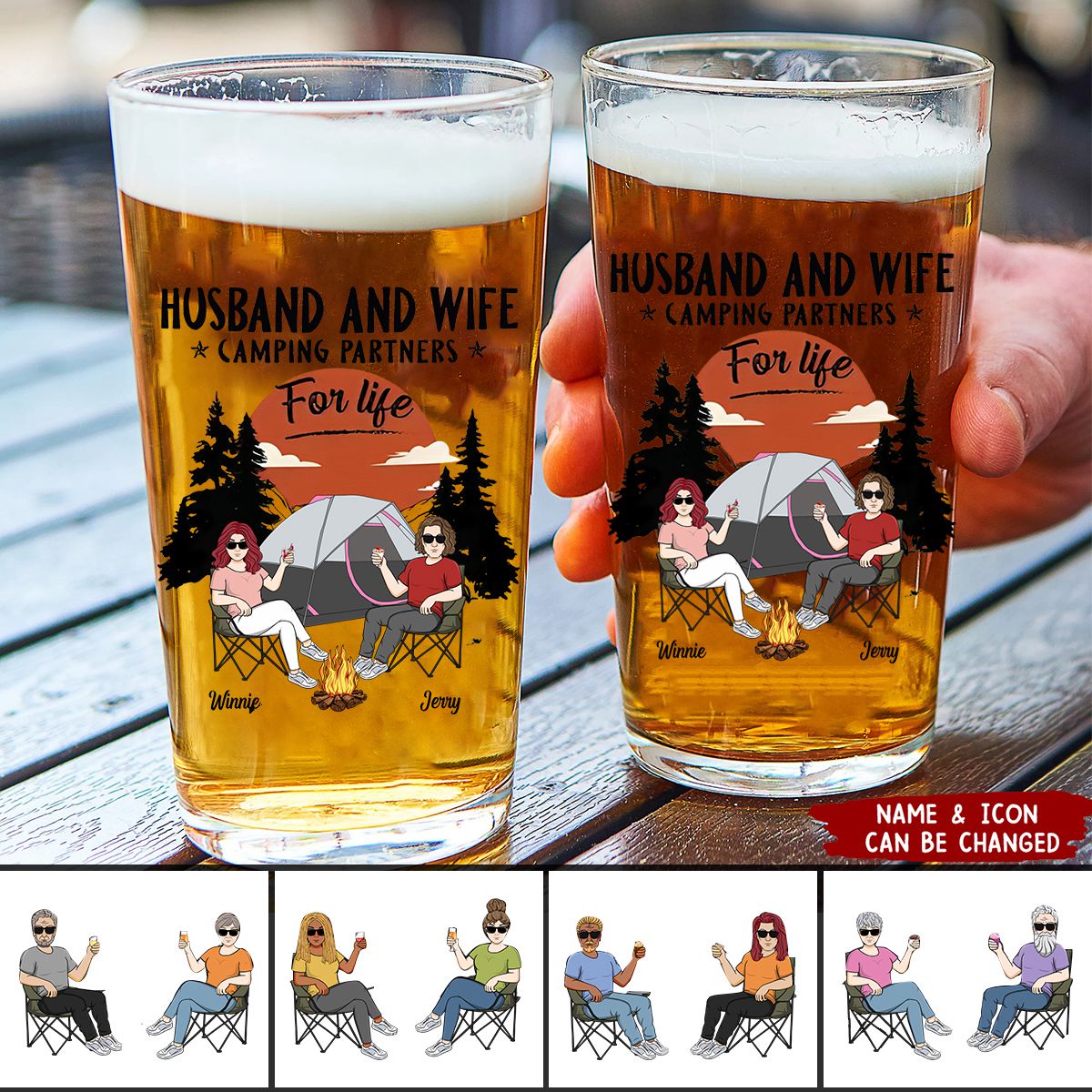Personalized "Husband And Wife Camping Partners For Life" Beer Glass - Customized Name & Icon | Birthday,Christmas,Anniversary Gift
