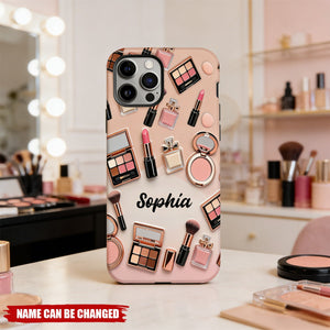 Personalized Makeup Tools Pattern Phone Case With Name - Stylish Makeup Artist Birthday Keepsake Gift For Girlfriend & Beauty Lovers
