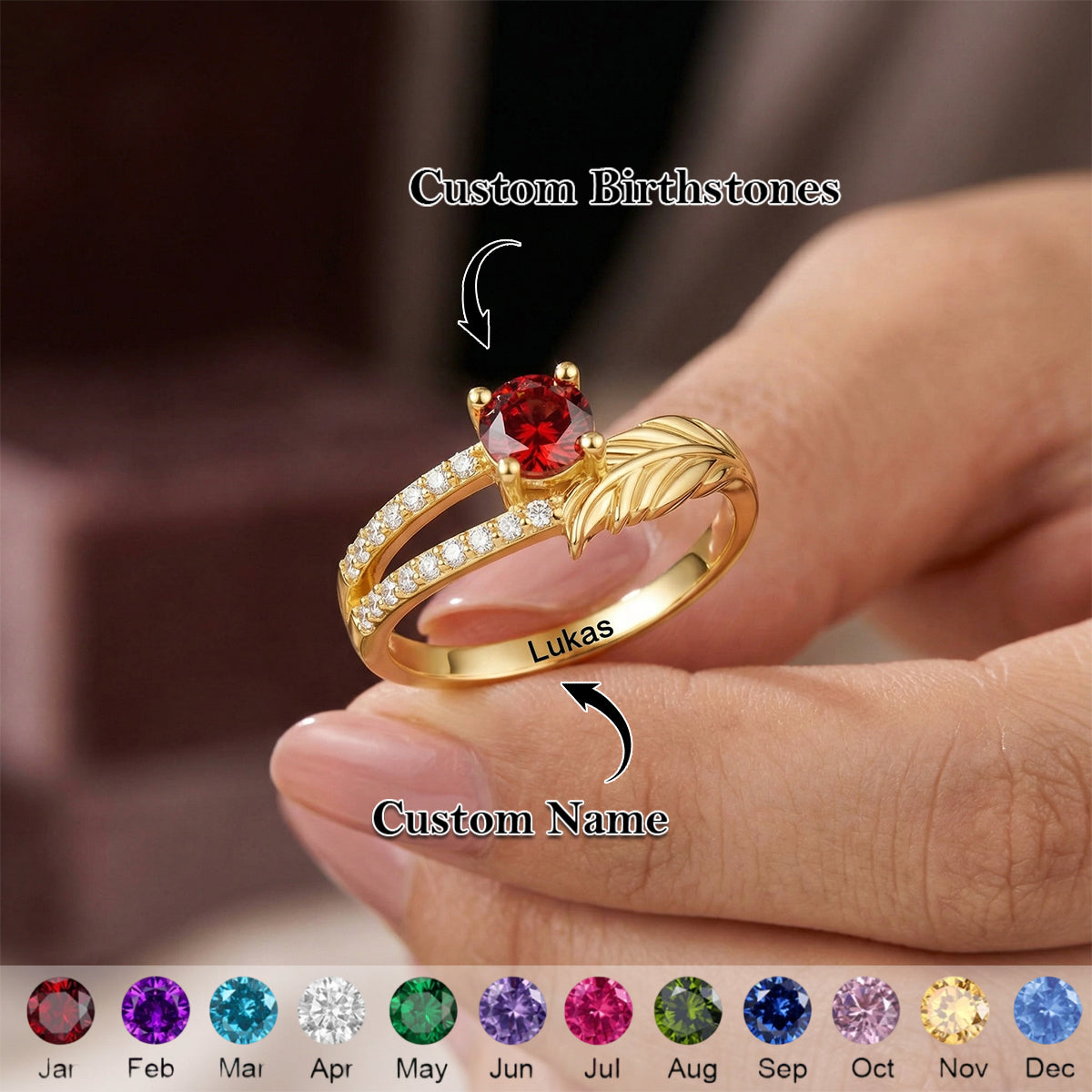 Personalized "Forever in Our Hearts" Feather Birthstone Ring With Name | Romantic Gift For Girlfriend Wife
