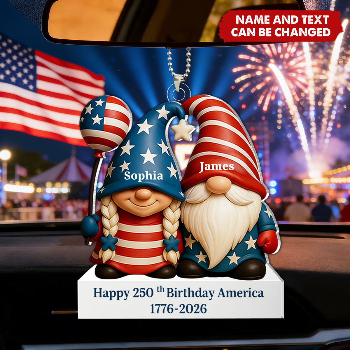 Personalized America's 250th Anniversary Car Ornament With Names & Quote - Historic Independence Day Valentine's Day Gift For Couples