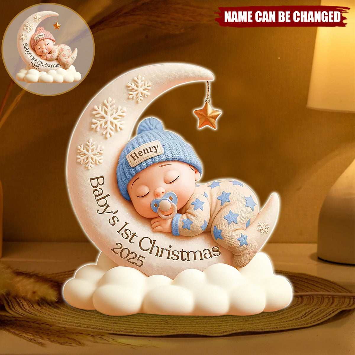 Personalized Baby Sleeping on Moon LED Light Box With Name - Baby's First Christmas Gift For Newborn Parents Grandparents