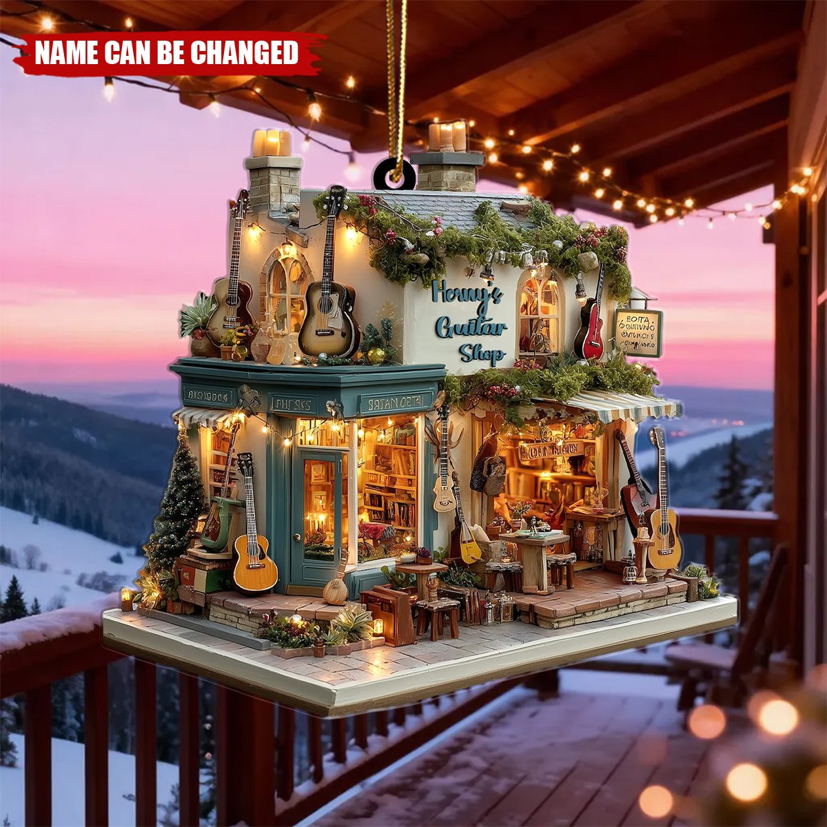 Personalized Cozy Guitar Shop Ornament With Name 3D Effect – Christmas Birthday Gift For Guitar Lover & Band Members