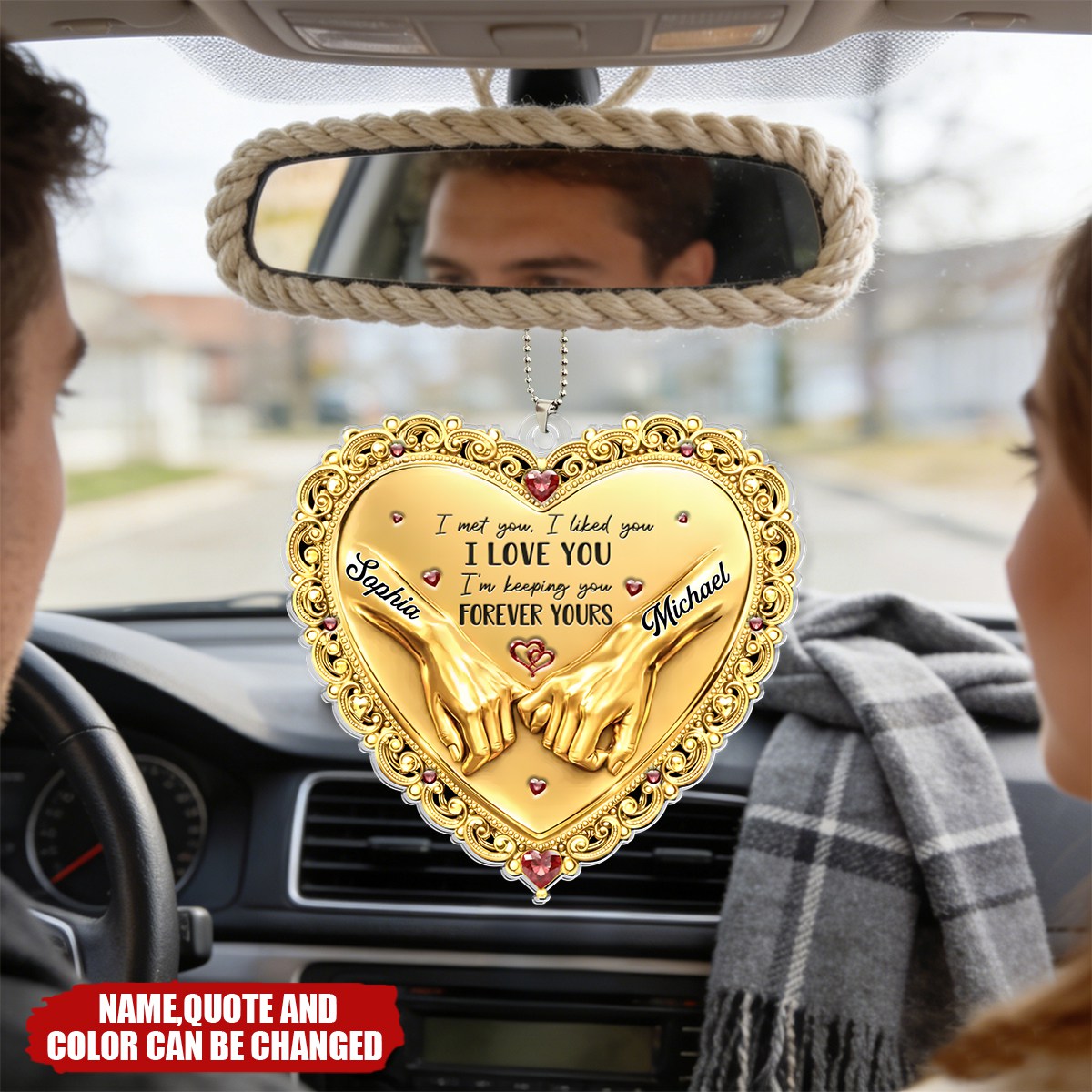Personalized Holding Hands Heart Acrylic Car Ornament With Names & Quote & Color | Romantic Anniversary Wedding Valentine's Day Gift For Couples