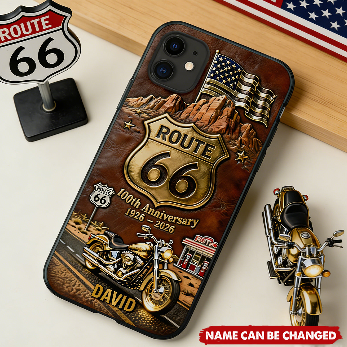 Personalized Route 66 Vintage Motorcycle 100th Anniversary Phone Case With Name - 2026 Biker Centennial Gift For Motorcyclists