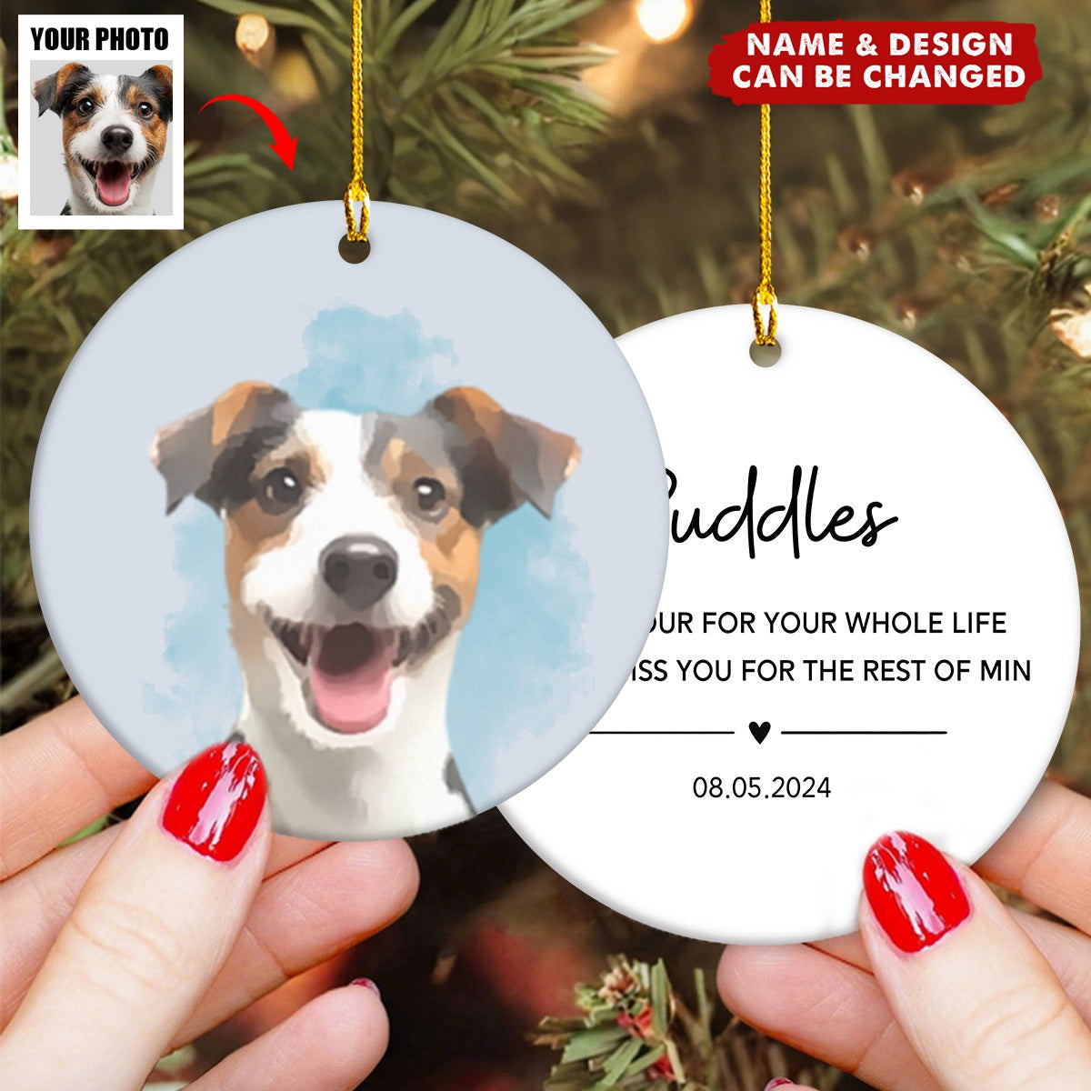 Custom Watercolor Pet Portrait Ornament - Personalized Name & Design | Perfect Birthday Gift For Any Dog & Cat Lover
