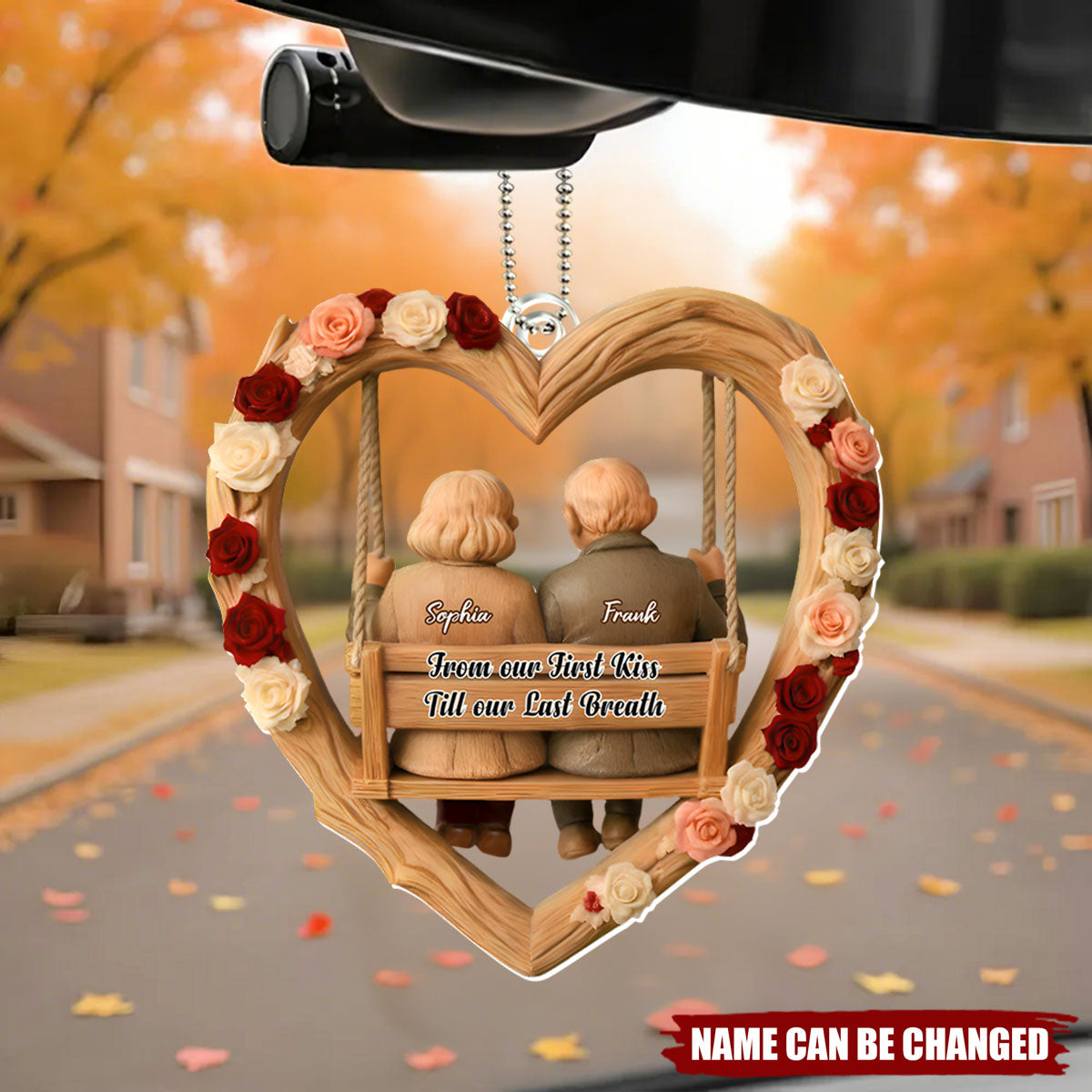 Personalized 3D Effect "First Kiss Till Our Last Breath" Car Ornament With Names | Romantic Anniversary Valentine's Day Gift For Husband Wife Couples