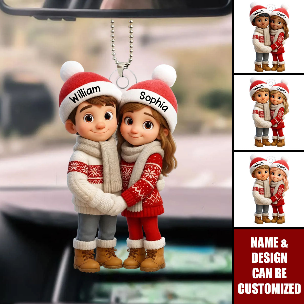 Personalized Cute Cartoon Couple Hug Car Ornament With Names & Winter Clothes Design - Heartfelt Car Christmas Gift For Couple