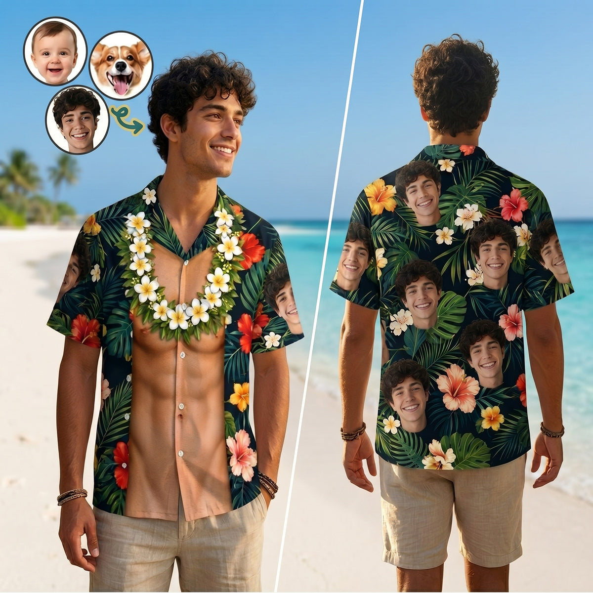 Personalized Face Hawaiian Shirt | Tropical Vacation Button Up, Beach Gift for Men
