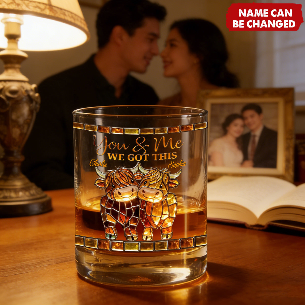 Personalized Highland Cow Whiskey Glass With Names |  "We Got This" | Creative Valentine’s/Birthday Gift For Couples Wife Husband