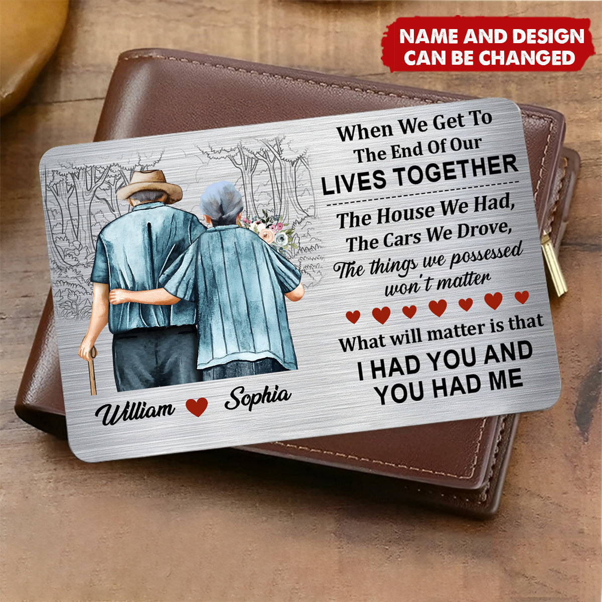 Personalized Aluminum Wallet Insert Card With Names & Couple Illustration - Anniversary Romantic Keepsake Gift For Couple & Grandparents