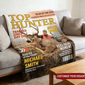 Personalized "Top Hunter" Magazine Cover Blanket With Photo & Name & Tagline - Ultimate Christmas Hunting Gift For Dad Husband Friend