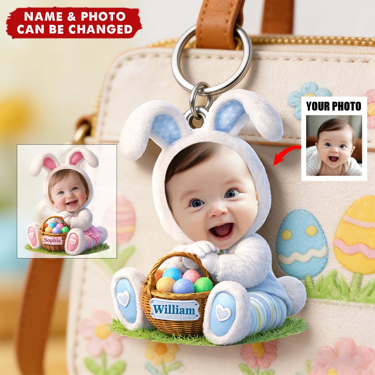 Personalized Easter Bunny Kid Keychain With Photo & Name | Cute 2026 Spring Gifts For Kids