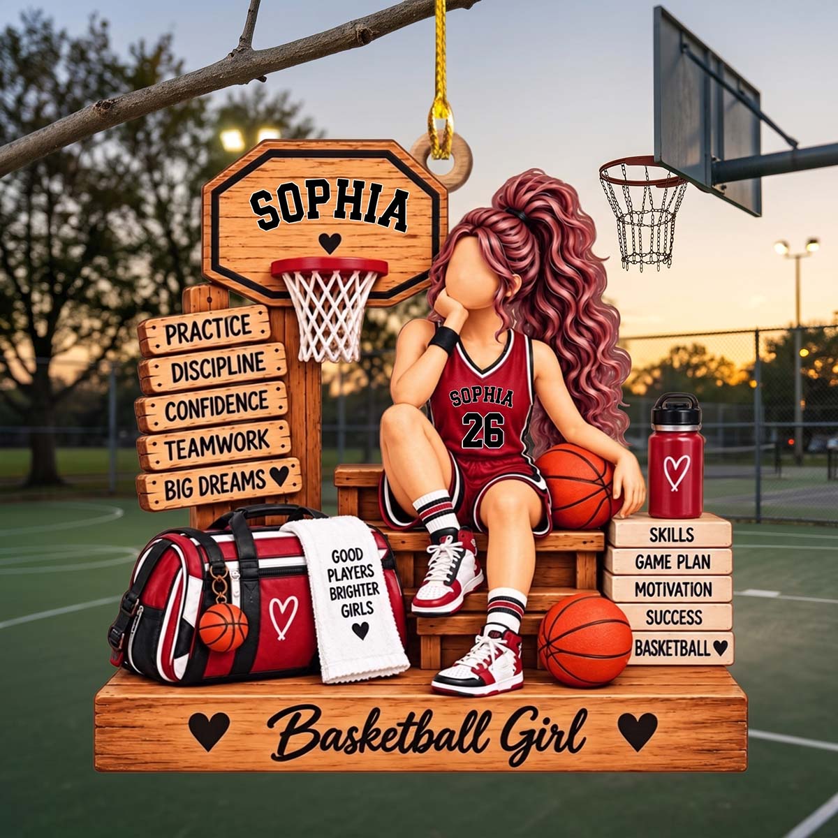 Personalized Basketball Girl Wooden Christmas Ornament - Custom Display Gift for Daughter Basketball Lover Girl