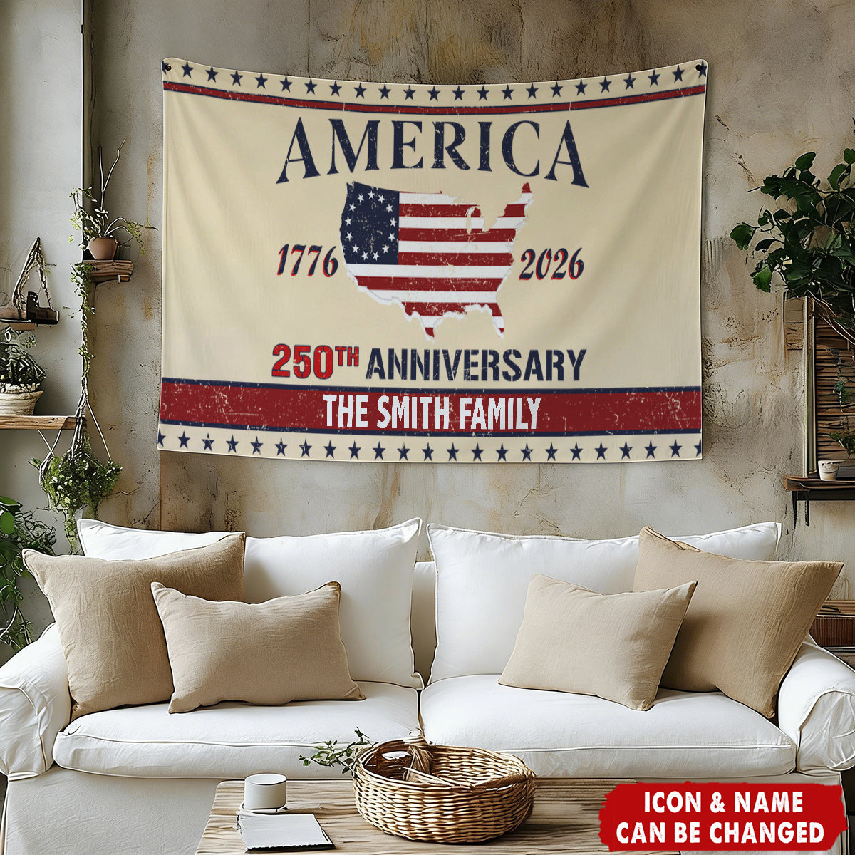 Personalized Patriotic America 250th Anniversary House Flag With Family Name & Color- Vintage Patriotic Gift For Families