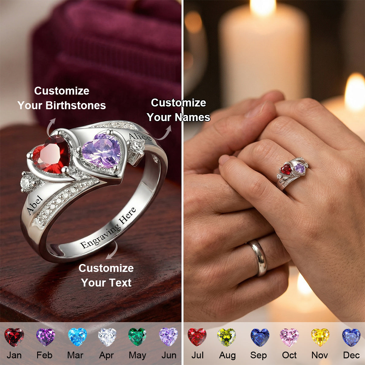 Personalized Couple's Duo Birthstone Ring With Names | Romantic  Anniversary Gift For Girlfriend