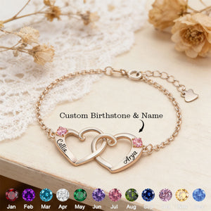 Personalized Double Heart Birthstone Bracelet With Names | Romantic "Two Hearts One Soul" Anniversary Valentine's Day Gift For Girlfriend Wife