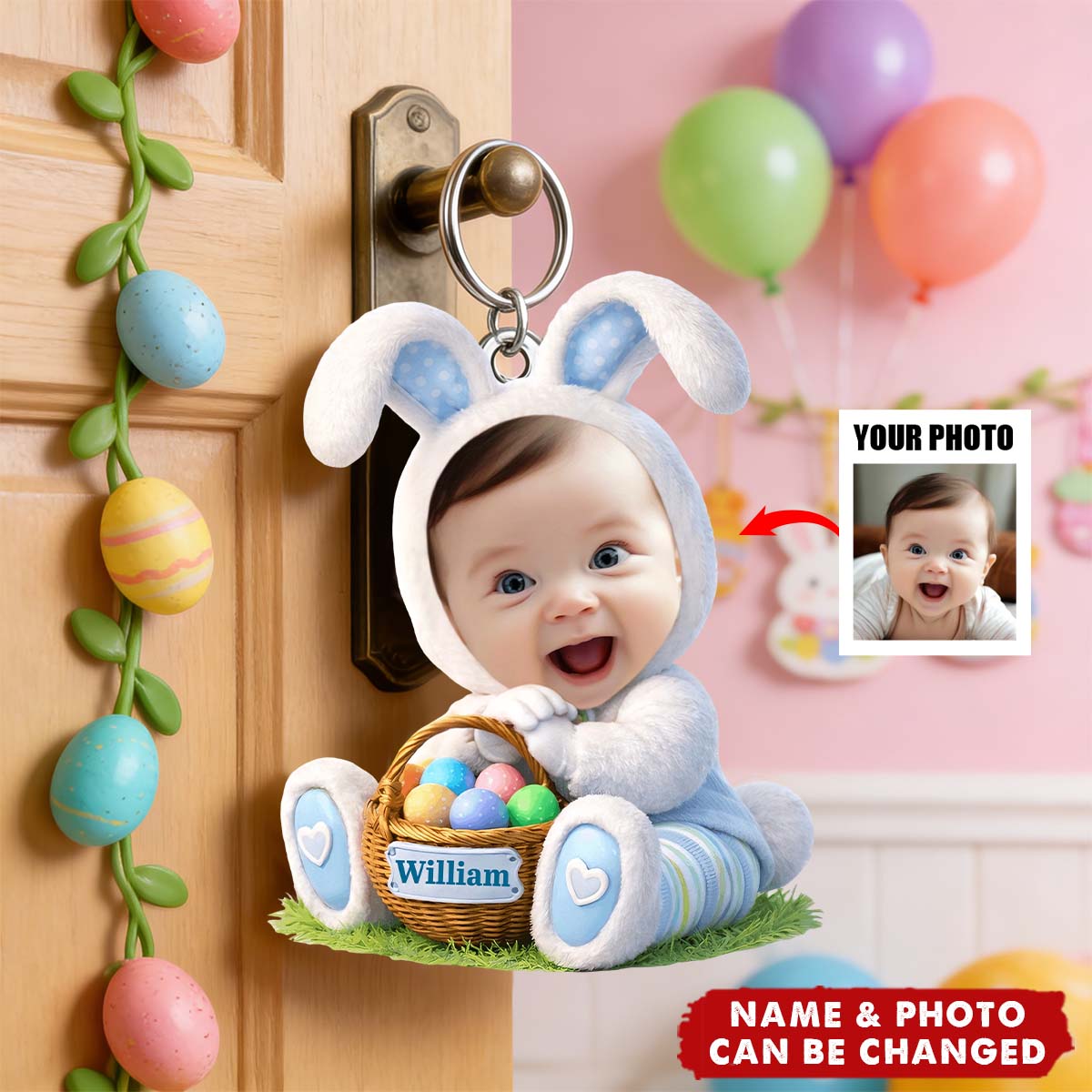 Personalized Easter Bunny Kid Keychain With Photo & Name | Cute 2026 Spring Gifts For Kids