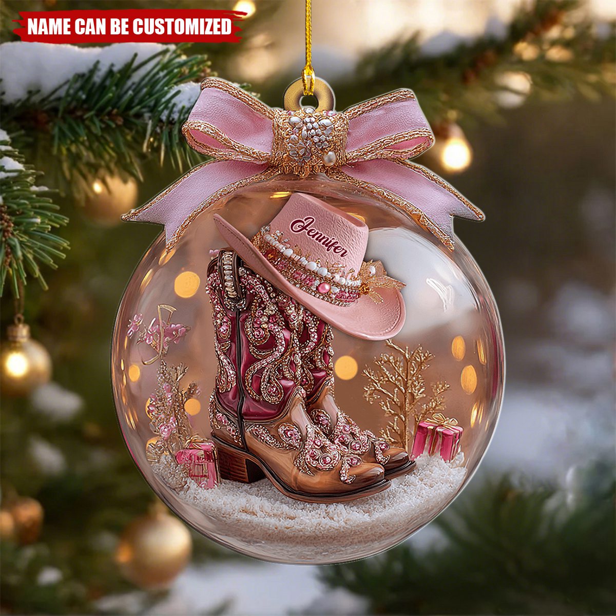 Personalized Western Style Cowgirl Boots Ornament With Name on Pink Hat & Bow Exclusive Christmas Surprise For Her