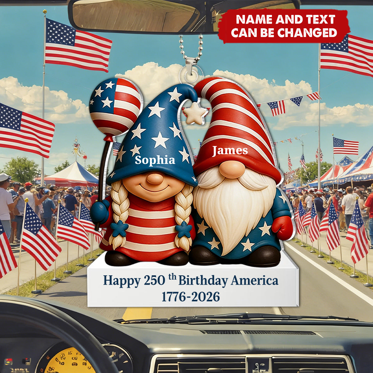 Personalized America's 250th Anniversary Car Ornament With Names & Quote - Historic Independence Day Valentine's Day Gift For Couples