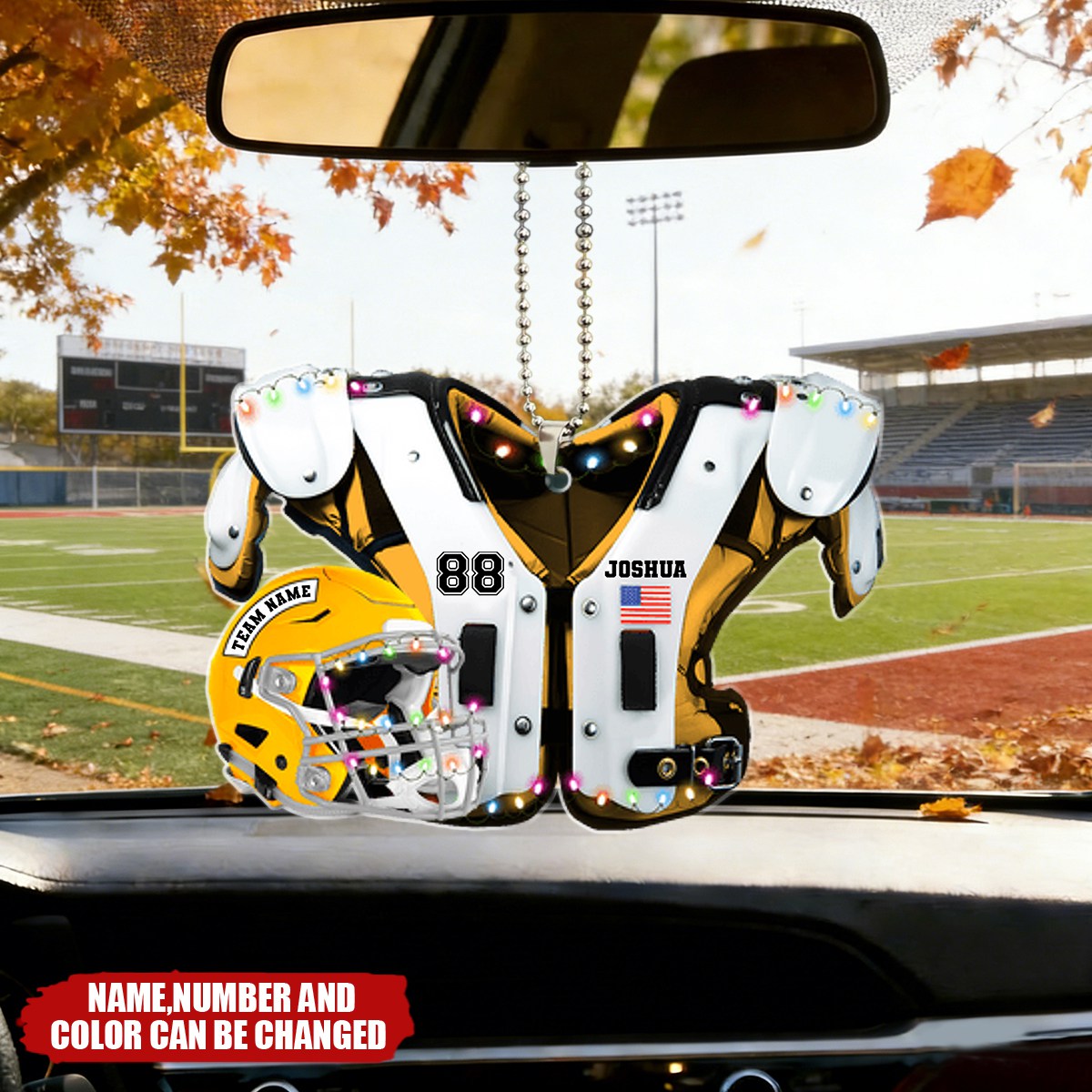 Personalized Football Shoulder Pads & Helmet Car Ornament With Name & Color & Number - Unique Sporty Gift For Teenagers & Athletes