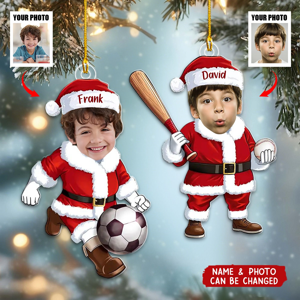 Personalized Little Santa Claus Photo Ornament With Name & Sports Theme | Fun Christmas Gift For Kids Family