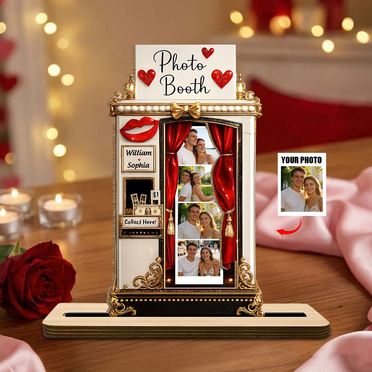 Personalized 3D Effect Retro Photo Booth 2-Layer Wood Plaque With Names – Valentine's Day & Wedding Gift For Couple