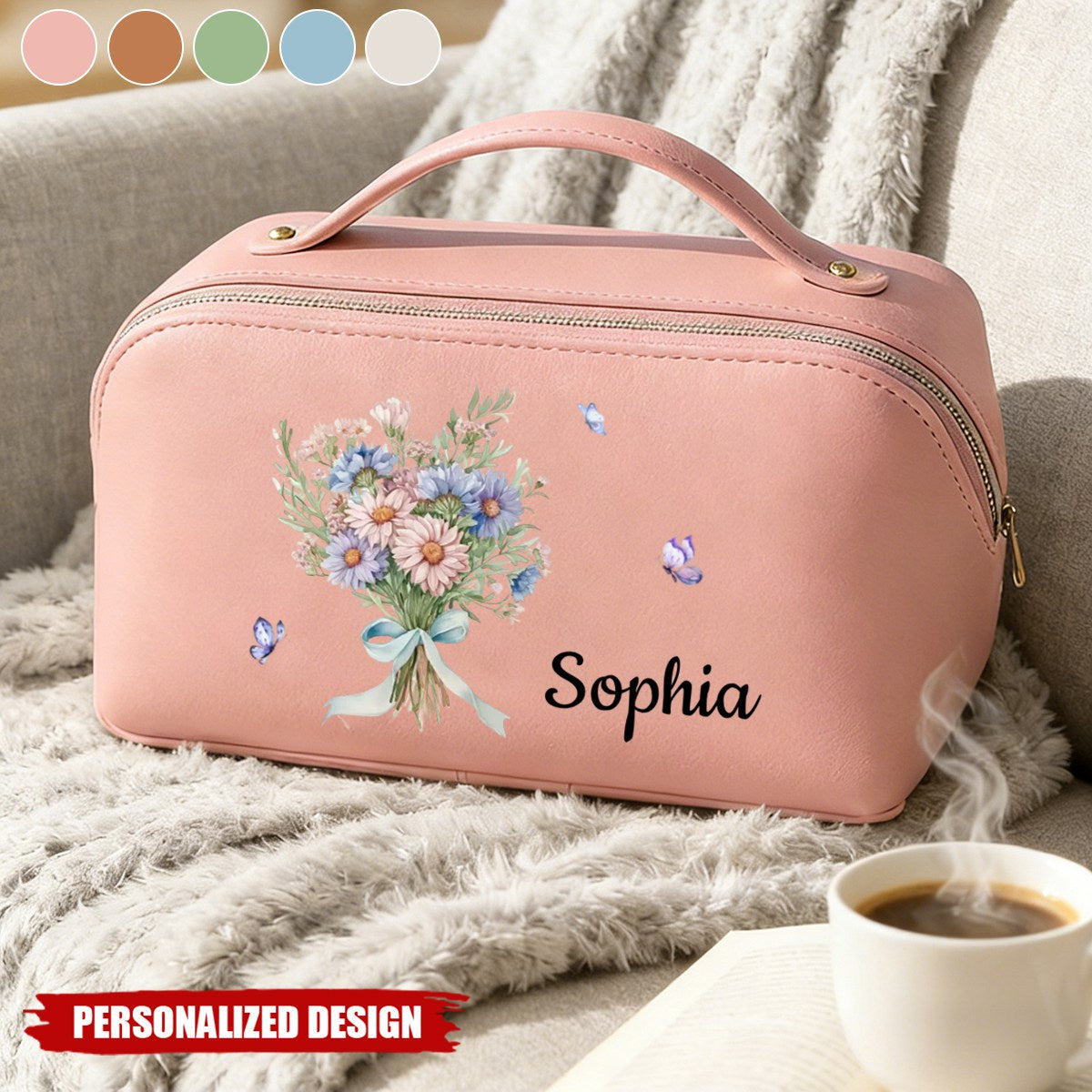 Personalized Waterproof Travel Toiletry Bag With Name & Floral Bouquet & Color | Elegant Birthday Gift For Besties & Wom
