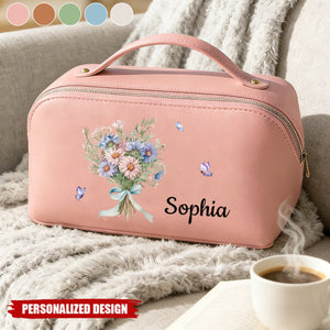 Personalized Waterproof Travel Toiletry Bag With Name & Floral Bouquet & Color | Elegant Birthday Gift For Besties & Wom