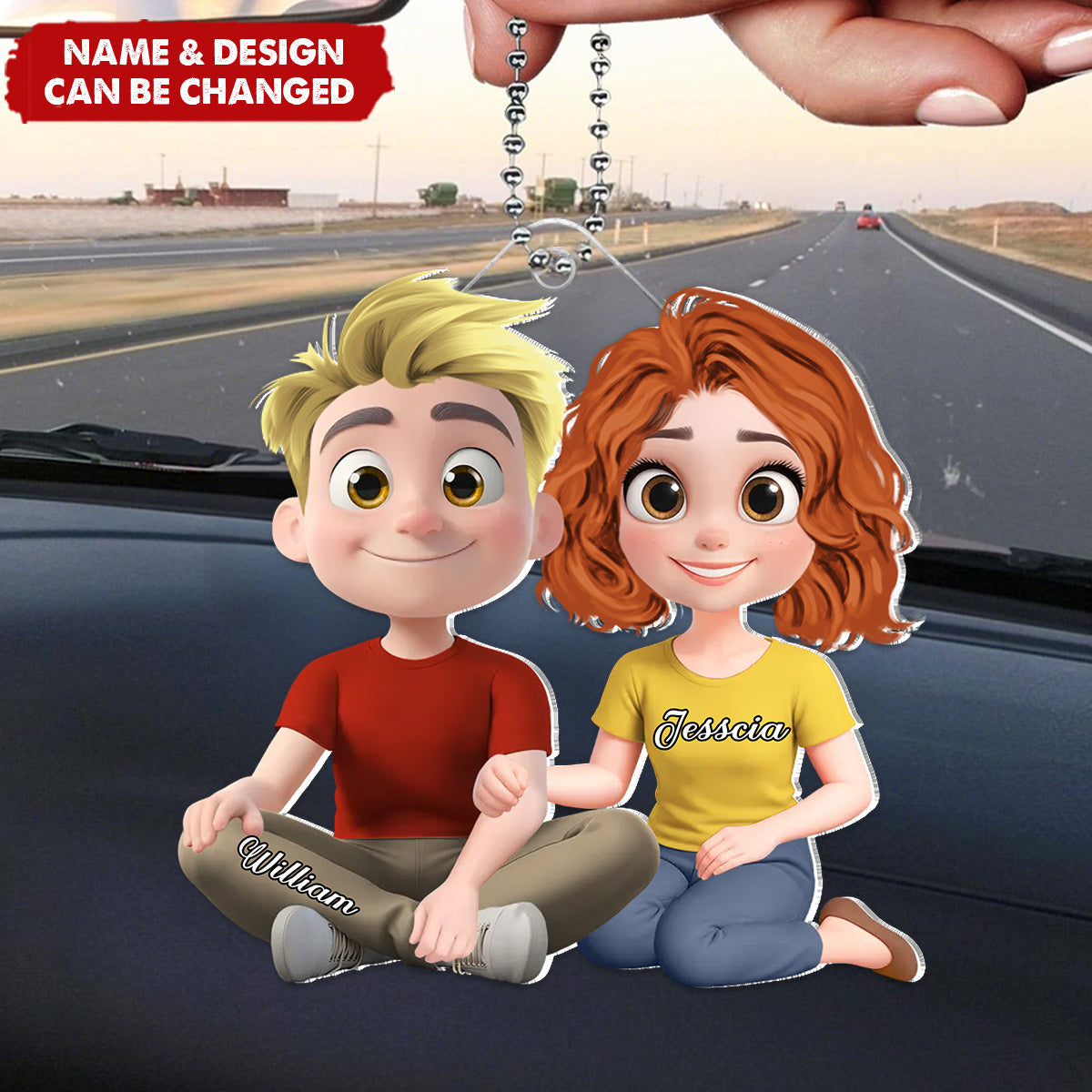 Personalized Cartoon Acrylic Car Hanging Ornament With Names & Design | Unique Anniversary Valentine's Day Gift For Couples