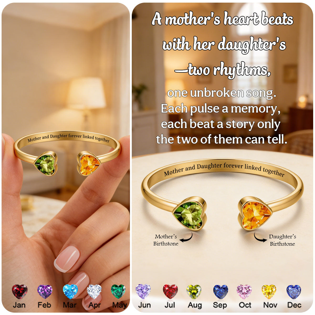 Mother & Daughter Double Heart Custom Birthstones Bracelet