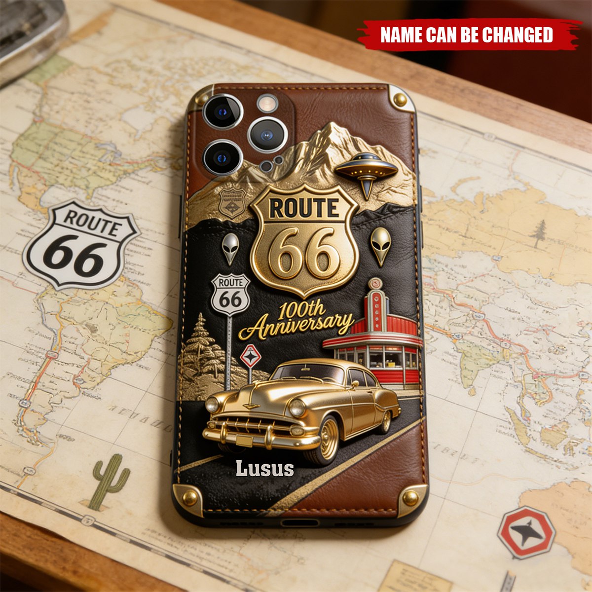 Personalized Route 66 100th Anniversary  Car Lover Leather Phone Case With Name | Vintage Birthday Father’s Day Gift For Car Lovers Dads Adventurers
