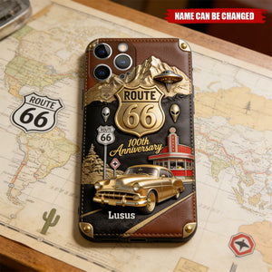 Personalized Route 66 100th Anniversary  Car Lover Leather Phone Case With Name | Vintage Birthday Father’s Day Gift For Car Lovers Dads Adventurers