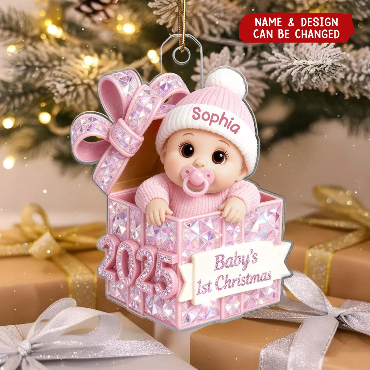Personalized Acrylic Sparkling Gift Box Baby Ornament With Name - For Baby First Christmas Newborn Keepsake Gift