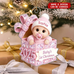 Personalized Acrylic Sparkling Gift Box Baby Ornament With Name - For Baby First Christmas Newborn Keepsake Gift