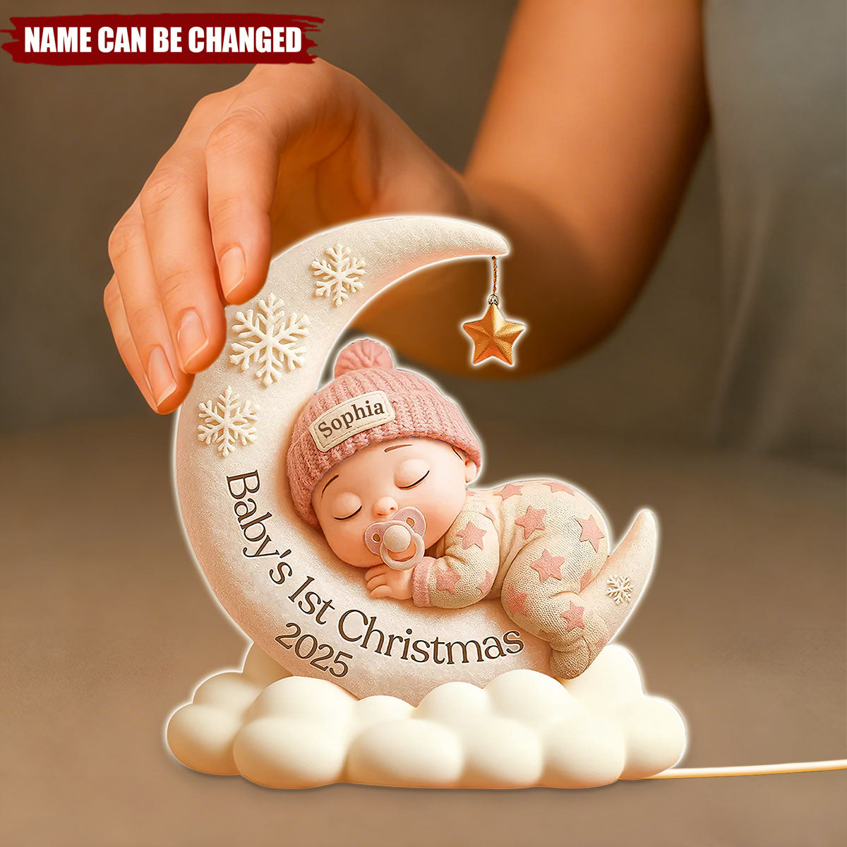 Personalized Baby Sleeping on Moon LED Light Box With Name - Baby's First Christmas Gift For Newborn Parents Grandparents