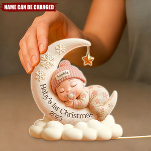 Personalized Baby Sleeping on Moon LED Light Box With Name - Baby's First Christmas Gift For Newborn Parents Grandparents