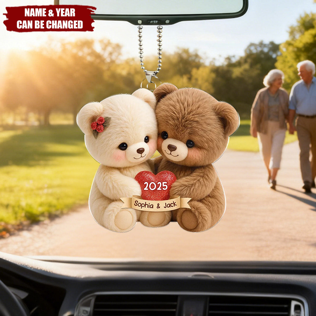 Personalized Loving Bear Couple Acrylic Car Ornament With Names & Year - Rearview Mirror Accessory For Couple