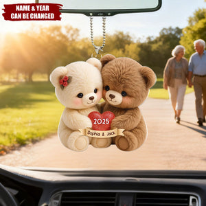 Personalized Loving Bear Couple Acrylic Car Ornament With Names & Year - Rearview Mirror Accessory For Couple