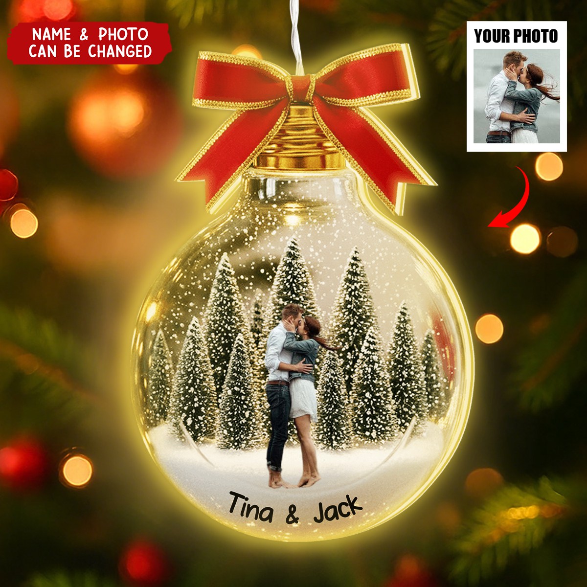 Personalized Couple Glowing LED Light Ornament With Photo Names & Red Bow Romantic Christmas Gift For Couple Newlyweds