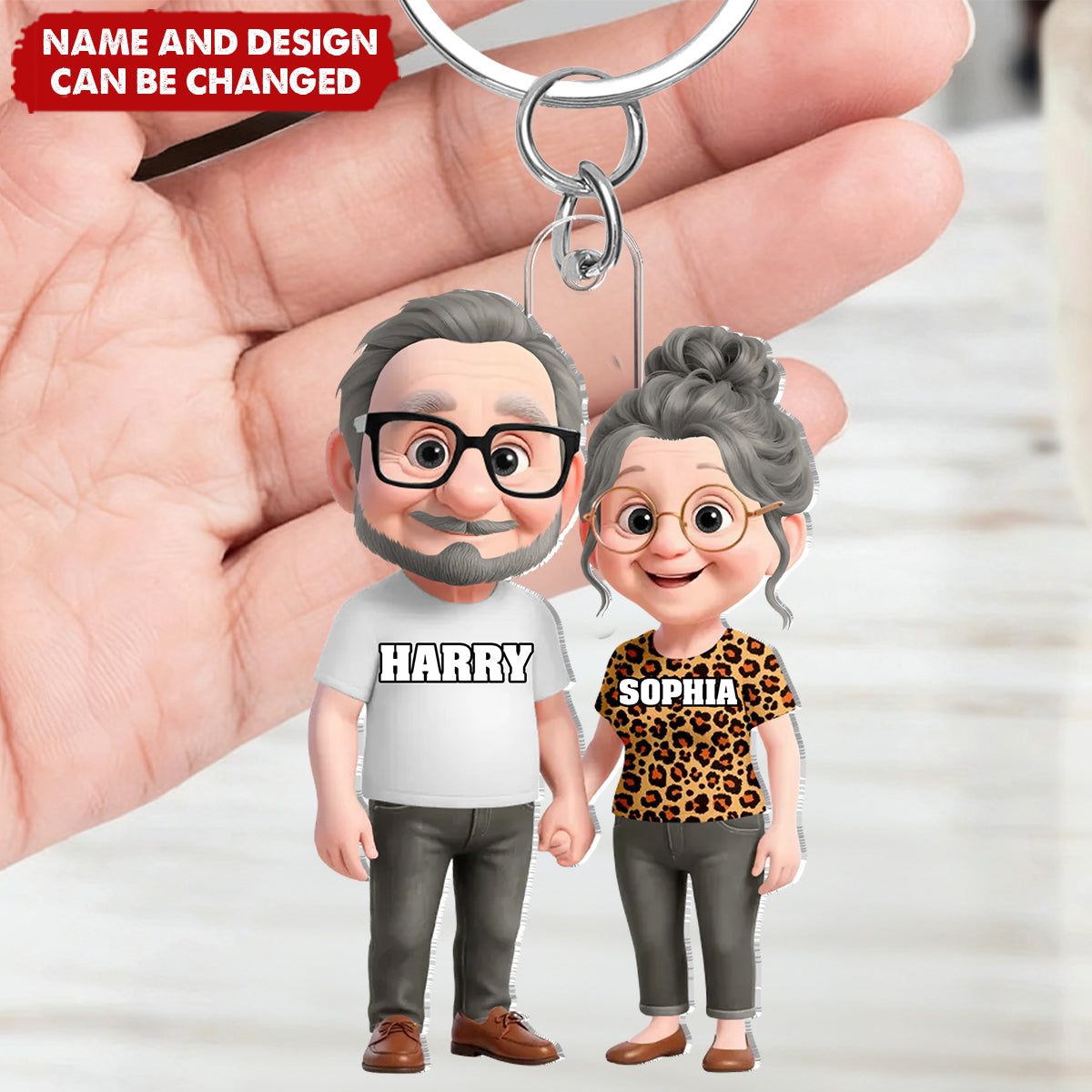 Personalized Cute Cartoon Couple Holding Hands Acrylic Keychain With Names & Icons - Valentine's Day Anniversary Gift For Husband And Wife