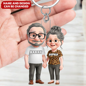Personalized Cute Cartoon Couple Holding Hands Acrylic Keychain With Names & Icons - Valentine's Day Anniversary Gift For Husband And Wife
