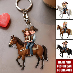 Personalized 3D Effect Western Theme Couple Horse Riding Keyring With Names & Horse Name - Birthday Valentine's Gift For Cowboy Cowgirl