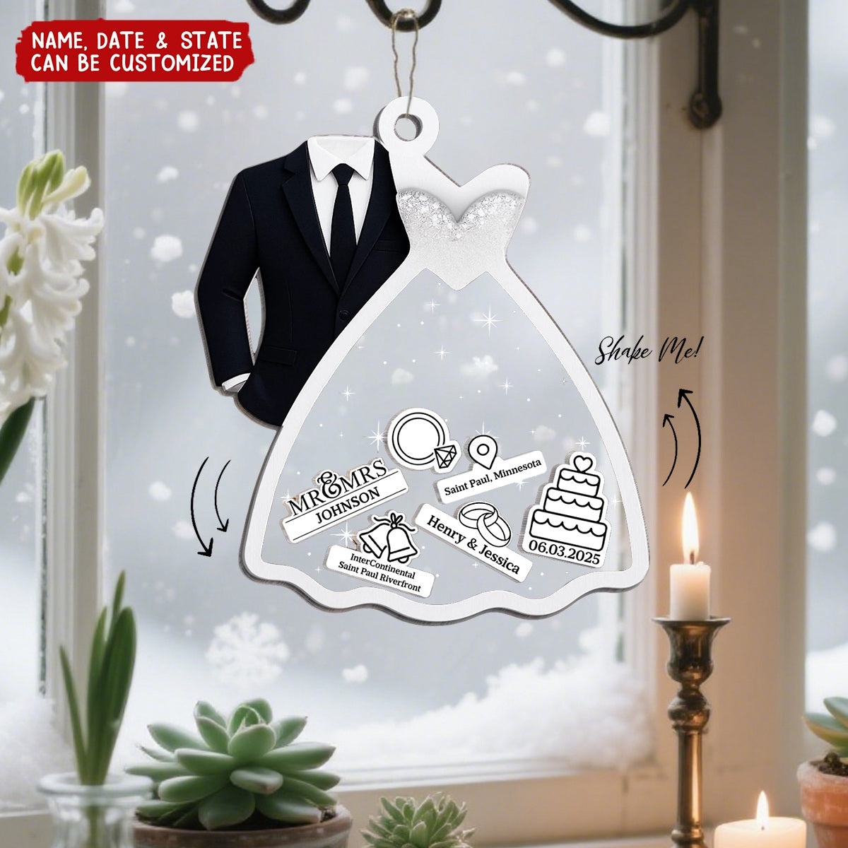 Personalized Wedding Dress & Suit Shaker Ornament With Name,Date & State | Anniversary Christmas Wedding Gifts For Couple & Newlyweds