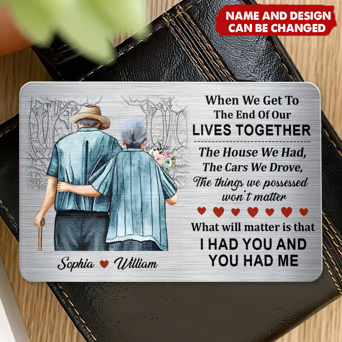 Personalized Aluminum Wallet Insert Card With Names & Couple Illustration - Anniversary Romantic Keepsake Gift For Couple & Grandparents