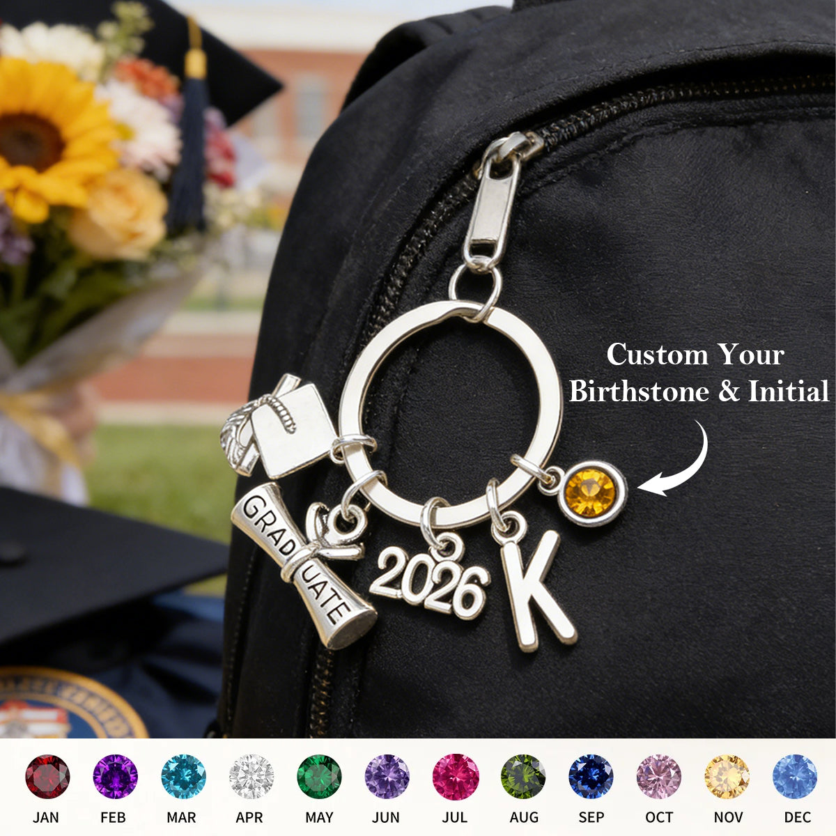 Personalized Graduation Keychain With Letter & Birthstone | Graduate Gift For Daughter Son