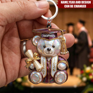 Personalized Graduation Bear Wood Keychain With Name & Color |  Graduation Gift For Daughter Son