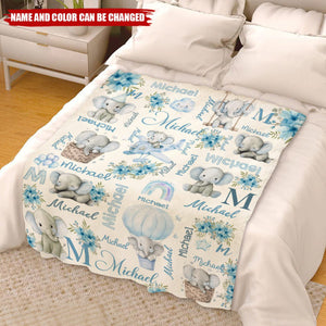 Personalized Ultra-Soft Elephant Illustrations Fleece Nap Blanket With Name & Color - Birthday Keepsake Newborn Shower Gift For Baby