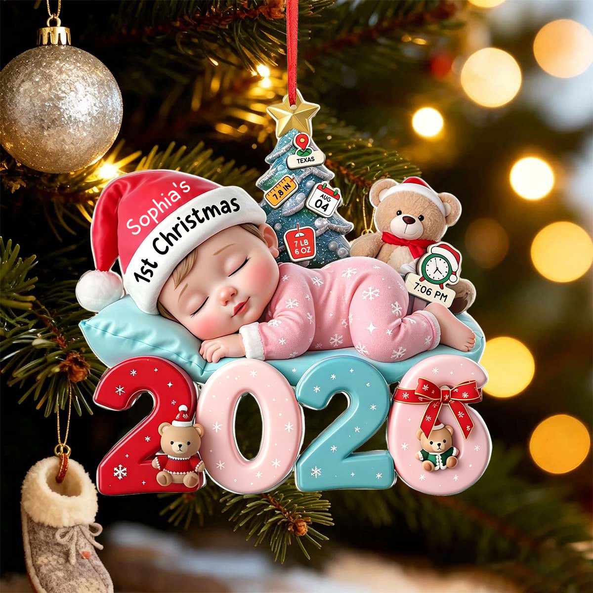 Personalized Baby's First Christmas Acrylic Ornament With Name & Birth Stats For New Parent