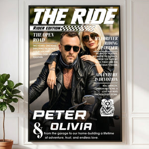 Custom Name & Photo Motorcycle Magazine Cover Poster | Personalized Biker Couple Canvas Art Gift