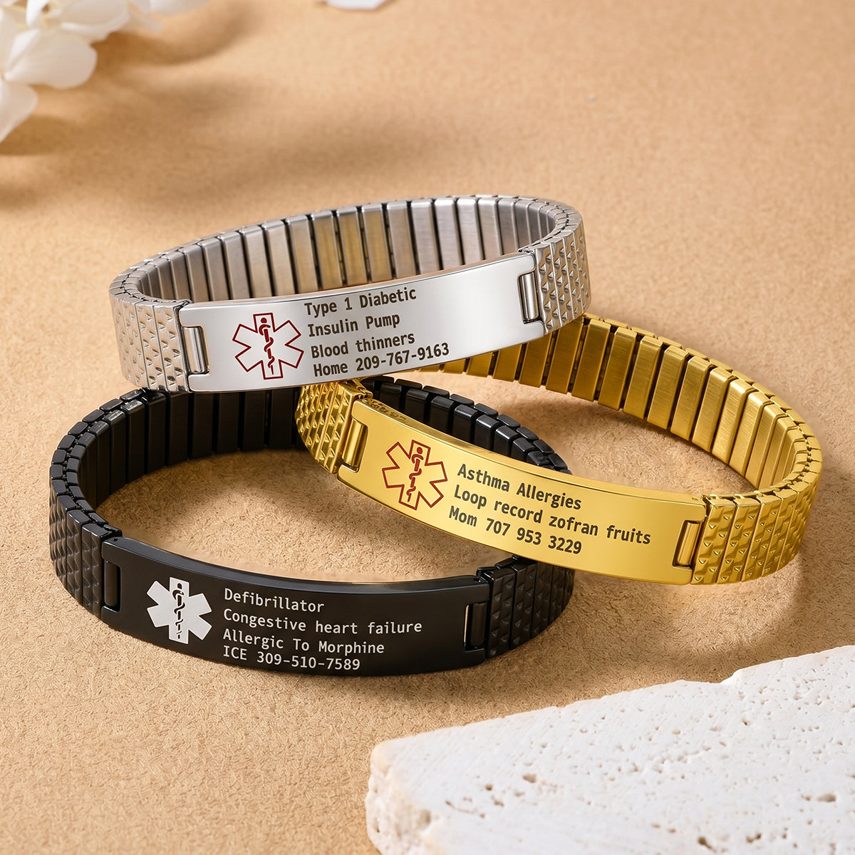 Personalized Engraved Medical Alert Stretch Bracelet | Gift For Men Women